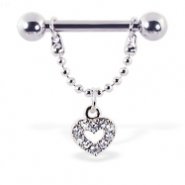 Nipple ring with dangling jeweled heart, 12 ga or 14 ga