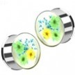 Pair Of Green & Blue Dried Flower Clear Acrylic Double Flared Stainless Steel Plugs