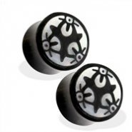 Pair Of Organic Horn Saddle Fit Plug with Abalone Tribal Symbol Inlay