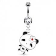 Panda with Large Head And Flower Hair Pin Dangle Surgical Steel Navel Ring