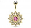 Paved Gems Flower with Center CZ Gold Toned Navel Ring
