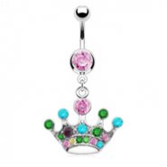 Pink jeweled belly ring with dangling multi-color crown