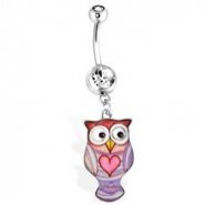 Purple Owl Navel Ring with Heart, 14Ga