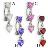Reversed belly ring with dangling jeweled hearts