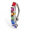 Reversed belly ring with dangling rainbow stones