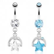 Smiling Crescent Moon with CZ Eye And Star Gem Dangle Surgical Steel Navel Ring