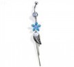 Steel Epoxy Flower with Leaf and CZ Dangle Navel Ring, Turquoise