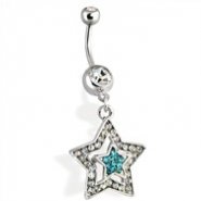 Steel Multi Paved Star Navel Ring Clear with Aqua Star in the center