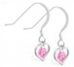 Sterling Silver Earrings with small dangling Pink Tourmaline jeweled heart