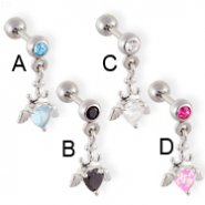 Straight barbell with dangling jeweled heart with wings