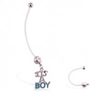 Super long flexible bioplast belly ring with dangling "ITS A BOY"