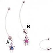 Super long flexible bioplast belly ring with dangling jeweled kid